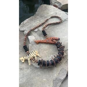 Vintage Necklace With Hand carved Wooden Giraffe And Zebra